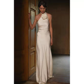Wcoumq | Champagne Halter Backless Maxi Dress with Bridal-Inspired Outer Veil