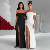 Wcoumq | Black One-Shoulder Backless Maxi Dress with Slim-Fit and Side Slit