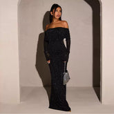 Wcoumq | Black Sequined One-Shoulder Maxi Dress for High-End Banquet and Evening Events