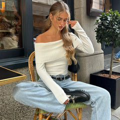 Wcoumq | Ribbed One-Shoulder Slim Long Sleeve Top for Autumn