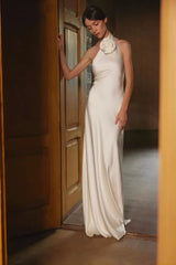 Wcoumq | Champagne Halter Backless Maxi Dress with Bridal-Inspired Outer Veil