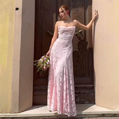Wcoumq | Jacquard Floor-Length Square Neck Dress with Backless Straps and Slim Waist Design