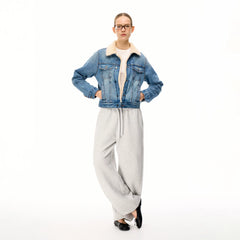 Wcoumq | Retro Classic Denim Quilted Jacket with Fur Collar – Women’s Warm Contrasting Color Denim Jacket