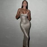 Wcoumq | Sequin U-Neck Backless Suspender Maxi Dress with Slim Waist Fit