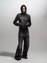 Wcoumq | Retro Washed Leather Motorcycle Jacket – Women’s Slim Fit Short Coat with Shoulder Pads for Fall & Winter