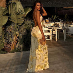 Wcoumq | Backless V-Neck Suspender Knee-Length Dress with High-Waist and Irregular Printed Design