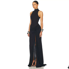 Wcoumq | High-Slit Pleated Maxi Dress with Sleeveless and Waist-Enhancing Design