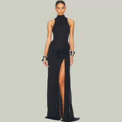 Wcoumq | Milk-Color Sleeveless Stand Collar Maxi Dress with Pleated Waist and Side Slit
