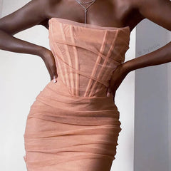 Wcoumq | Tube Top Mesh Dress with Fishbone Waist and Pleated Mid-Length Skirt