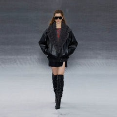 Wcoumq | Retro PU Leather Quilted Cotton Jacket with Embossed Fur Collar – Loose-Fitting Black Women's Outerwear
