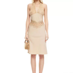 Wcoumq | Deep V Halter Neck Lace Splicing Maxi Dress with Slim Waist