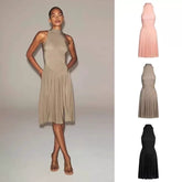 Wcoumq | Sheer High Neck Sleeveless Midi Dress with Pleated Design