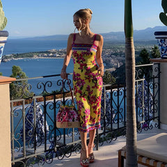 Wcoumq | Printed Suspender Dress with Open Back and Figure-Hugging Slit Long Skirt