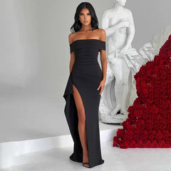 Wcoumq | Black One-Shoulder Backless Maxi Dress with Slim-Fit and Side Slit