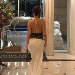 Wcoumq | Satin Halter Neck Deep V Long Dress with Spliced Waist for Spring & Summer