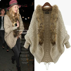 Wcoumq | Plus Size Women’s Knitted Cardigan Cape Shawl with Bat Sleeves & Fur Collar – European & American Style Daily Special Offer