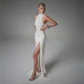 Wcoumq | High-Slit Pleated Maxi Dress with Sleeveless and Waist-Enhancing Design