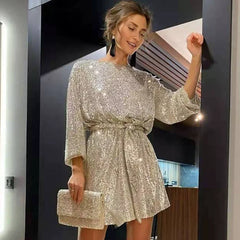 Wcoumq | Sequin Party Dress with Lace-Up Waist and Slimming Belly Coverage