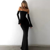Wcoumq | One-Shoulder Tube Top Fishtail Maxi Dress with Bell Sleeves and Hip-Flattering Design