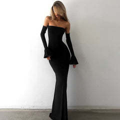 Wcoumq | One-Shoulder Tube Top Fishtail Maxi Dress with Bell Sleeves and Hip-Flattering Design