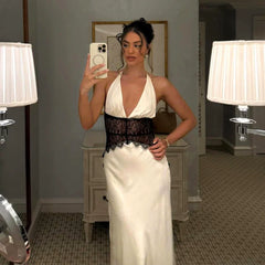 Wcoumq | Satin Halter Neck Deep V Long Dress with Spliced Waist for Spring & Summer