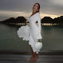Wcoumq | Long-Sleeve Slim Dress with Ruffled Cuffs and Side Slits for Spring and Autumn