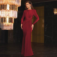 Wcoumq | Pleated Slim Fit Long-Sleeve Evening Dress with Round Neck for Women