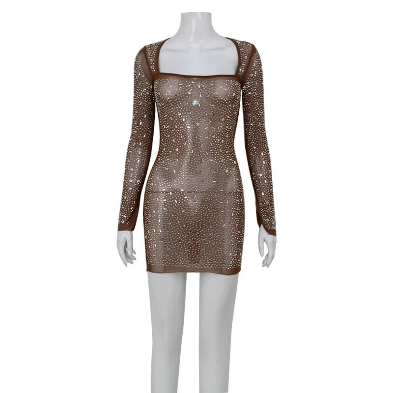 Wcoumq | Mesh Square Neck Long-Sleeve Dress with Rhinestones and Hip-Covering Short Skirt