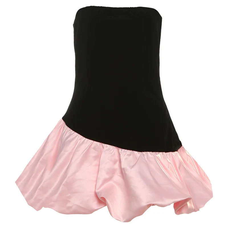 Wcoumq | Retro Contrast Color Tube Top Dress with Floral Details for Women