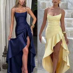 Wcoumq | Ruffled Slit Backless Maxi Dress with Waist-Enhancing Design