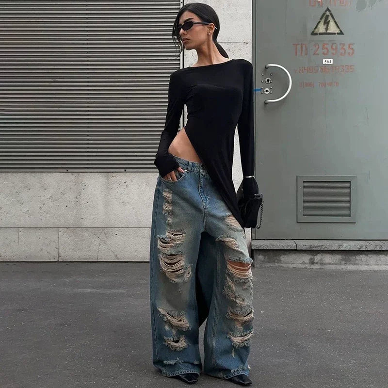 Wcoumq | Slit Design Long-Sleeve Mid-Length Top for Women – Trendy Gusty Street Fashion Hot Girl Style Irregular T-Shirt