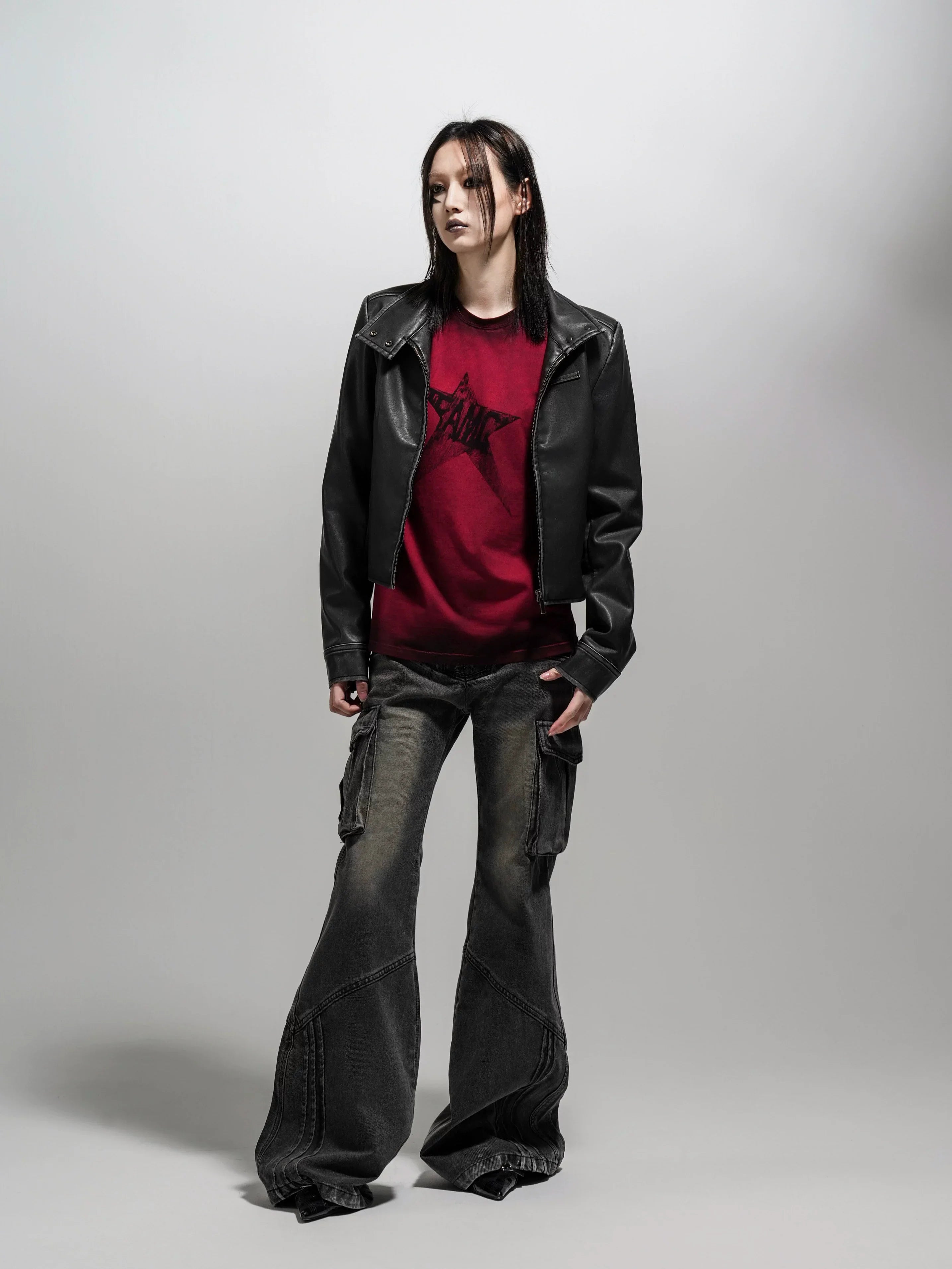 Wcoumq | Retro Washed Leather Motorcycle Jacket – Women’s Slim Fit Short Coat with Shoulder Pads for Fall & Winter
