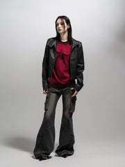 Wcoumq | Retro Washed Leather Motorcycle Jacket – Women’s Slim Fit Short Coat with Shoulder Pads for Fall & Winter