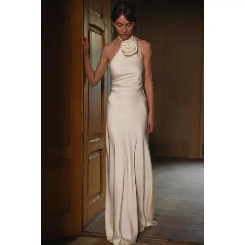 Wcoumq | Champagne Halter Backless Maxi Dress with Bridal-Inspired Outer Veil