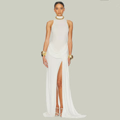 Wcoumq | Milk-Color Sleeveless Stand Collar Maxi Dress with Pleated Waist and Side Slit