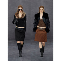 Wcoumq | Retro Waistband Suede Black Straight Stitched Leather Fishtail Skirt – Autumn & Winter A-Line Skirt for Women