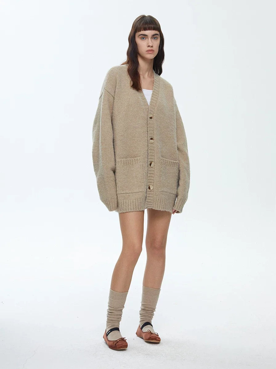 Wcoumq | Wool Blend Lazy V-Neck Knitted Sweater Cardigan – Retro Women’s Spring & Autumn Cozy Knit Coat