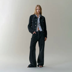 Wcoumq | Pure Cotton White, Gray & Black Denim Jacket and Straight-Leg Pants Suit – Stylish Women’s Casual Denim Set