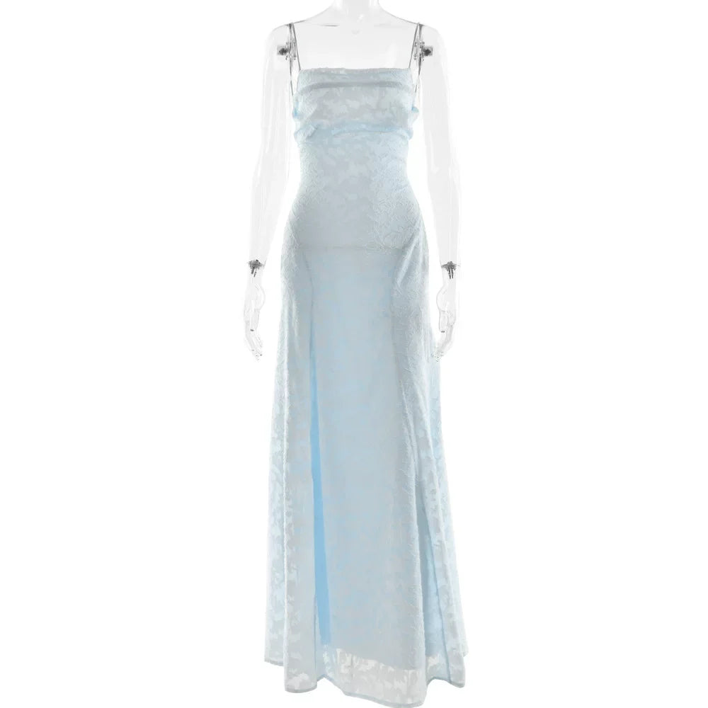 Wcoumq | Jacquard Floor-Length Square Neck Dress with Backless Straps and Slim Waist Design