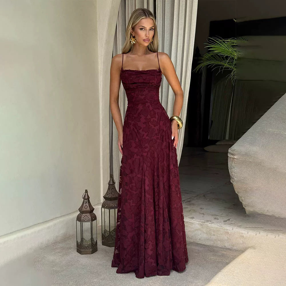 Wcoumq | Jacquard Floor-Length Square Neck Dress with Backless Straps and Slim Waist Design