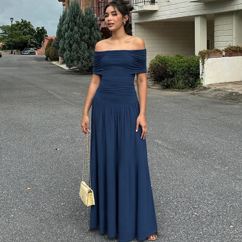 Wcoumq | Off-Shoulder One-Line Collar Pleated High-Waist Long Dress with Slim Fit