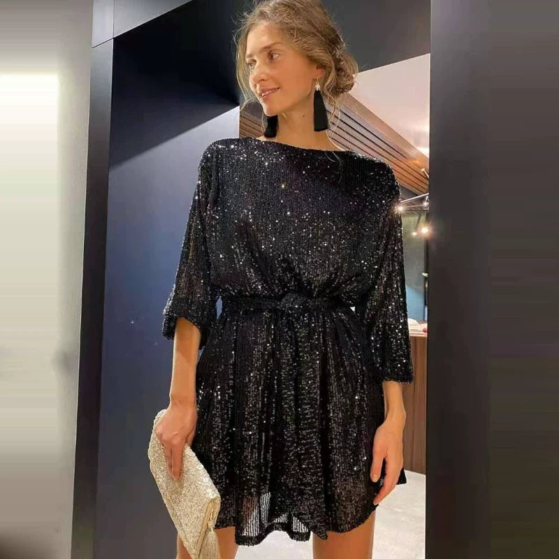 Wcoumq | Sequin Party Dress with Lace-Up Waist and Slimming Belly Coverage