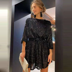 Wcoumq | Sequin Party Dress with Lace-Up Waist and Slimming Belly Coverage
