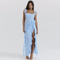 Wcoumq | Square Neck Backless Maxi Dress with High Slit and Ruffle Detail