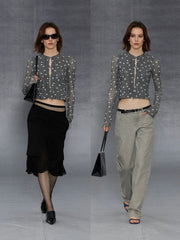 Wcoumq | Retro Printed Polka Dot Long-Sleeve Top & Knitted Short Cardigan Set – Stylish Women’s Outerwear