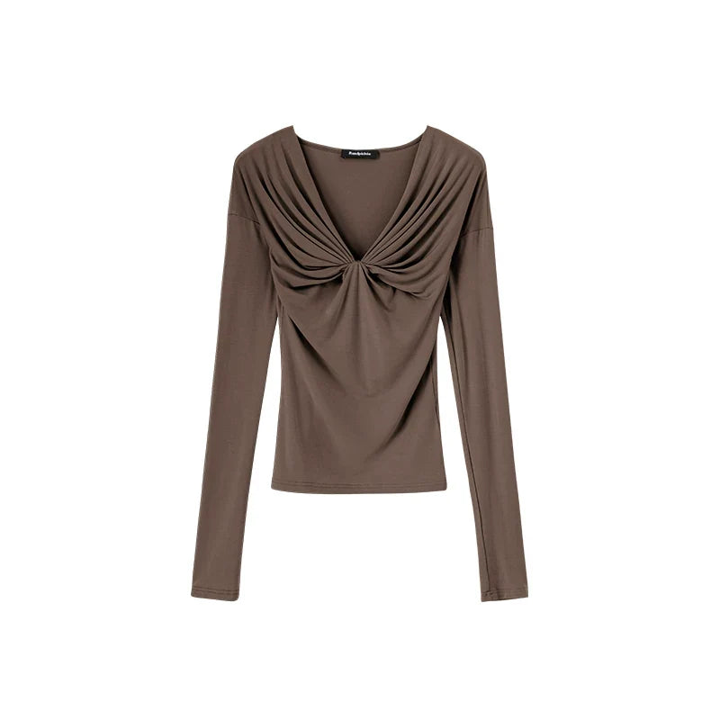 Wcoumq | V-Neck Pleated Slim Knitted Pullover Top for Women – Casual Touch Series Slim-Fit Knitwear