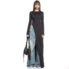 Wcoumq | Slit Design Long-Sleeve Mid-Length Top for Women – Trendy Gusty Street Fashion Hot Girl Style Irregular T-Shirt