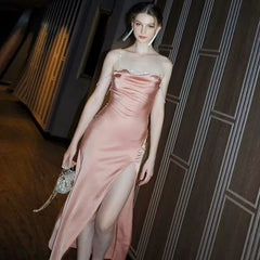 Wcoumq | Satin Diamond Chain Suspender Maxi Dress with Backless and Side Slit Design