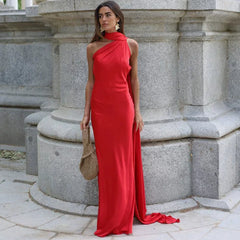 Wcoumq | Elegant Satin Floor-Length Dress with Neck Streamers and Backless Design