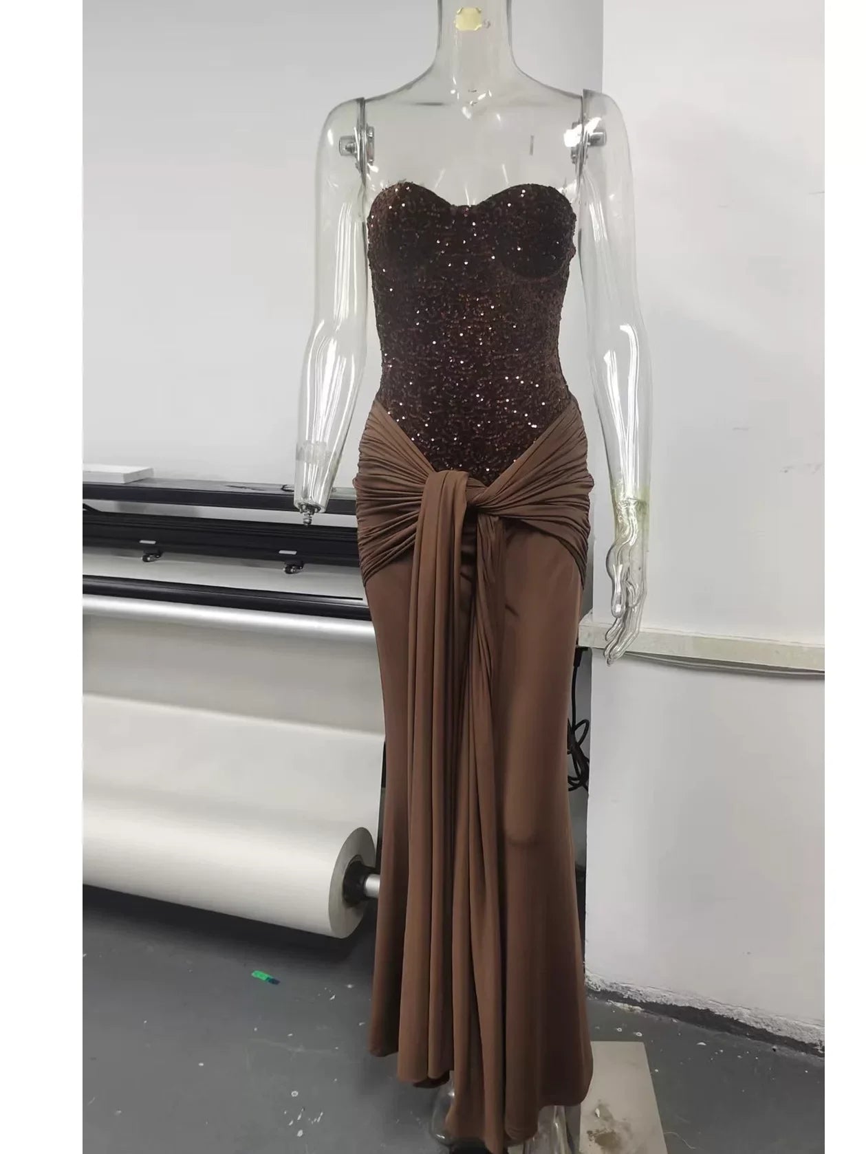 Wcoumq | Herringbone Diamond Tube Top Dress with Twisted Strap and Fishtail Skirt